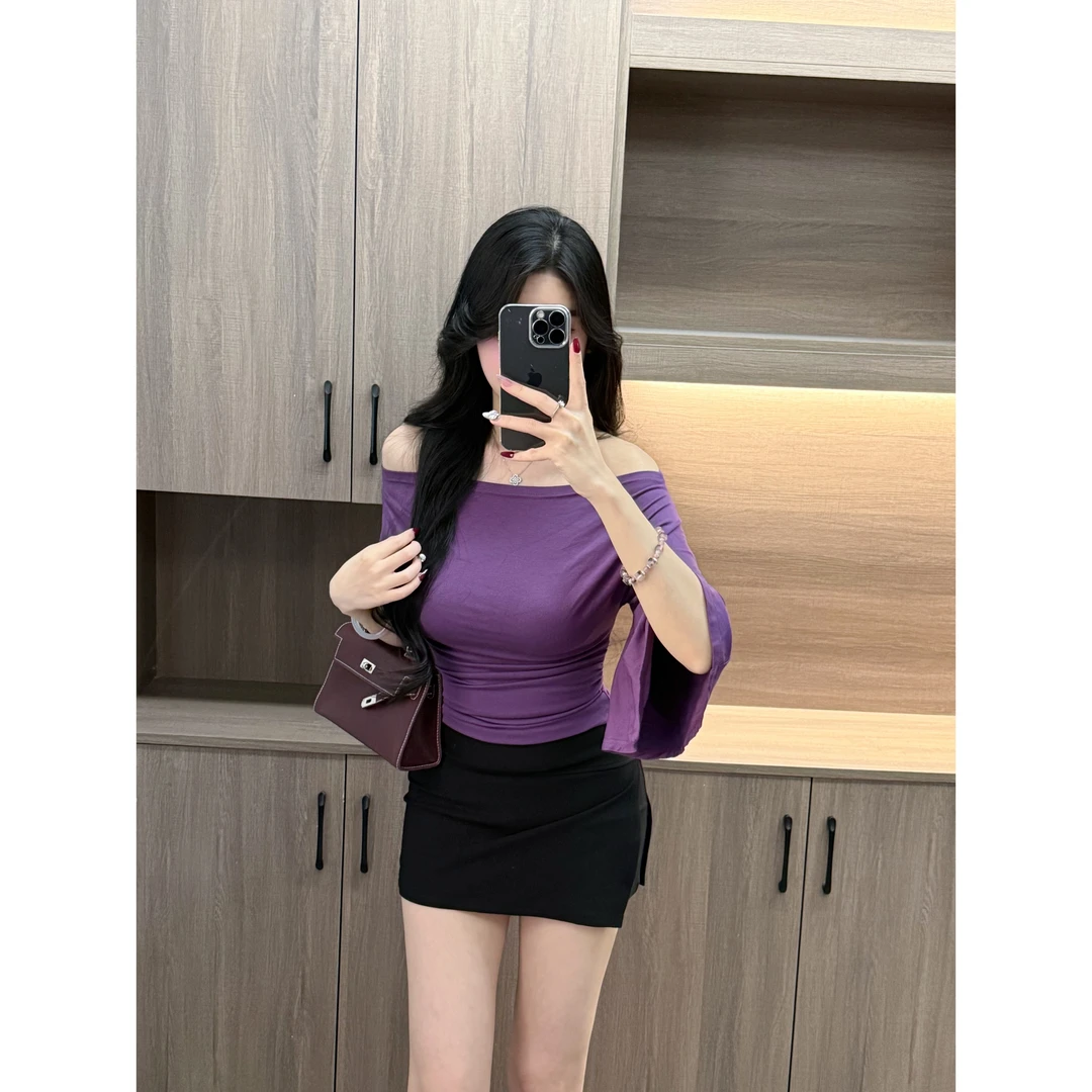 美神降临~韩女修身荡领喇叭袖T恤女紧身显瘦设计感别致百搭小上衣