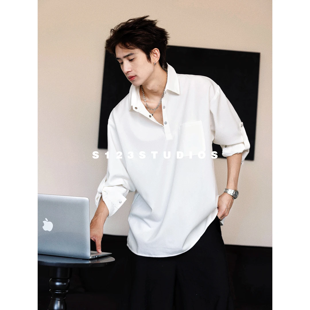 S123聪明陈 潮牌自制口袋装饰长袖遮肚腩衬衫设计感情侣纯色宽松