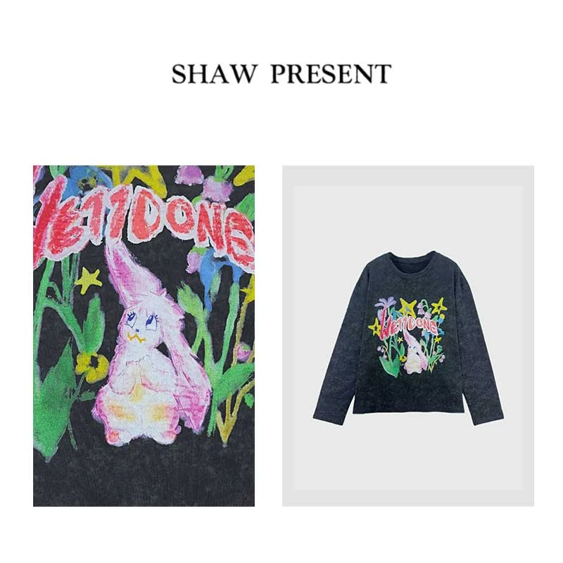 Amor花兔*100棉 斑驳洗水做旧立体涂鸦印花长袖T恤SEY-LA1001