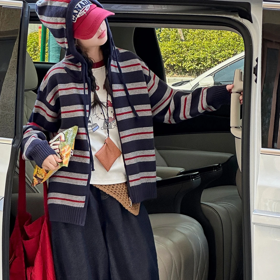 女童毛衣外套春秋2025新款儿童条纹开衫中大童8-15岁女童针织衫潮