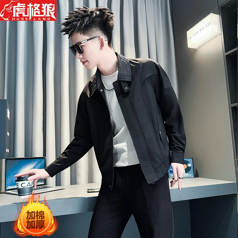 设计感翻领加绒夹克外套2025秋冬季男款修身帅拼接帅气休闲厚款袄