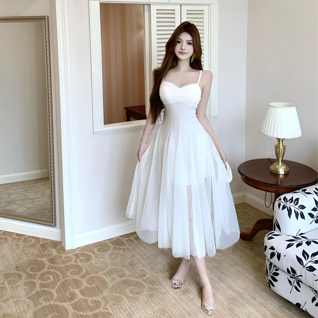 超仙气质显瘦吊带网纱收腰连衣裙纯欲性感夏季抹胸仙女度假长裙