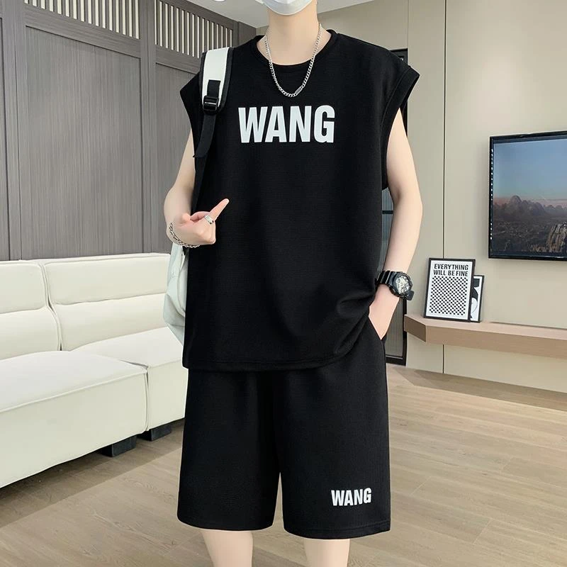 无袖T恤套装男夏季青少年初中高中学生运动休闲大童背心短裤一套