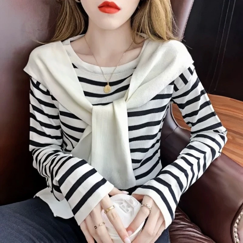 韩系披肩条纹长袖针织衫女早秋新款时尚洋气减龄内搭打底衫上衣