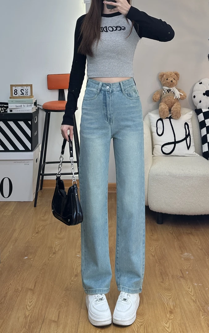 2025年春季新款浅色牛仔女裤高腰百搭宽松显瘦垂感蓝色牛仔裤