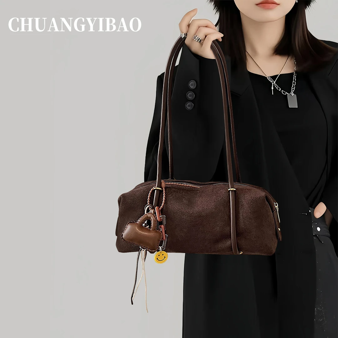 麂皮绒拼接手提包女2025新款秋冬大容量复古高级感单肩腋下枕头包