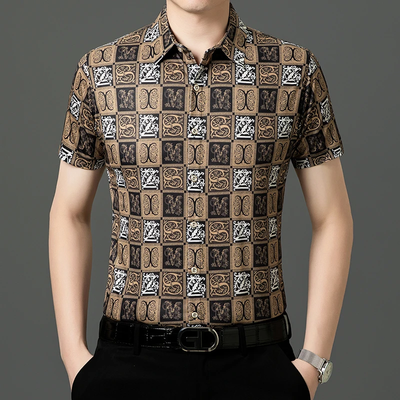 夏季男士短袖冰丝衬衫吸汗透气烫花印花衬衫中年时尚休闲男衬衣