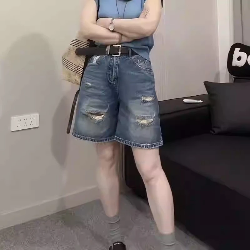 2025夏季新款高街破洞潮流牛仔裤梨形身材高腰宽松显瘦时髦四分裤