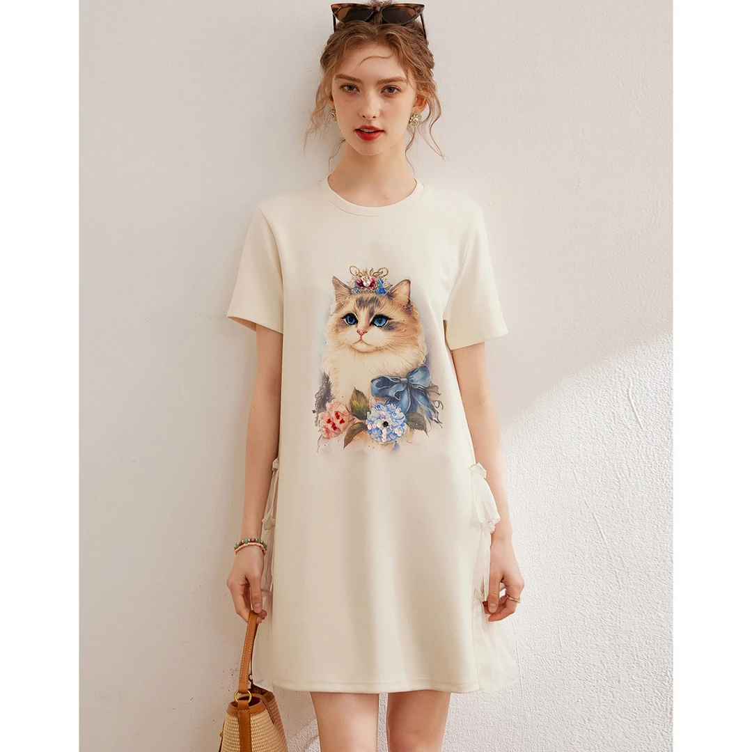白鹿语夏季时尚减龄拼接荷叶边猫咪印花短袖圆领连衣裙女HU20216