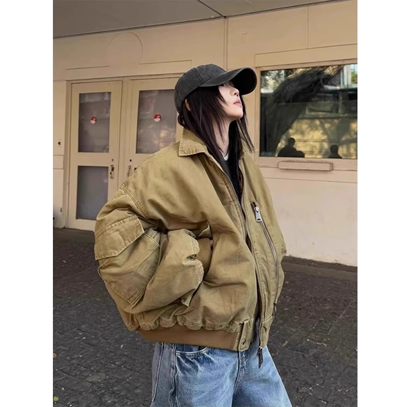 bomber卡其色翻领夹克男春季美式复古工装上衣短款廓形巴恩风外套