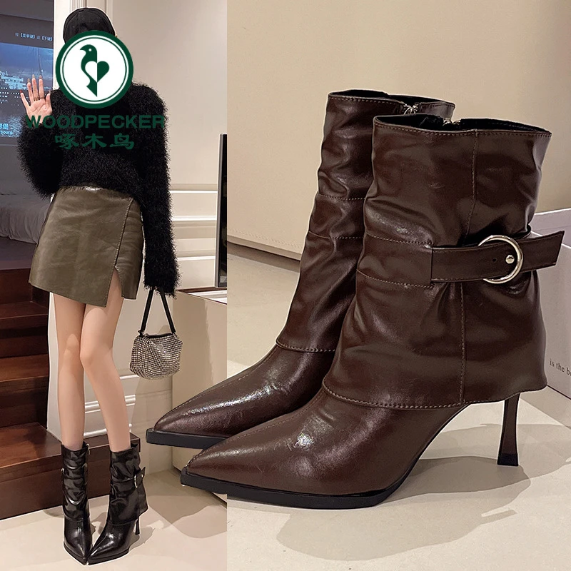 啄木鸟高跟尖头瘦瘦靴法式小短靴女靴子2025新款秋冬堆堆靴小踝靴