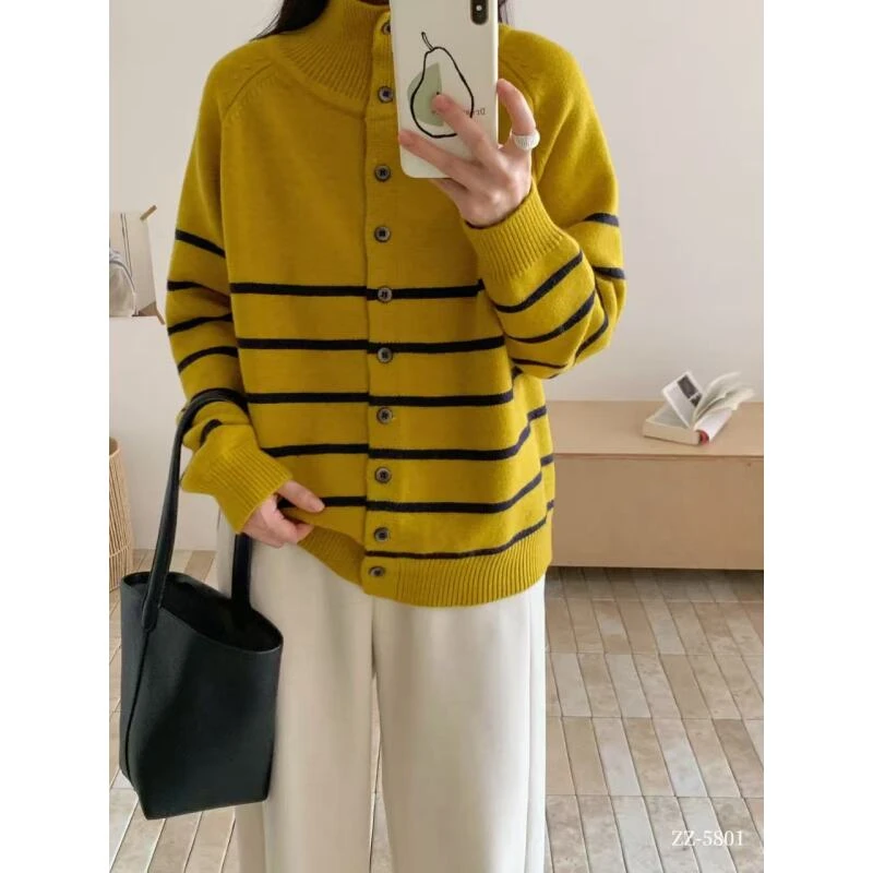 秋季新款时尚潮流开衫毛衣高领条纹针织衫5801