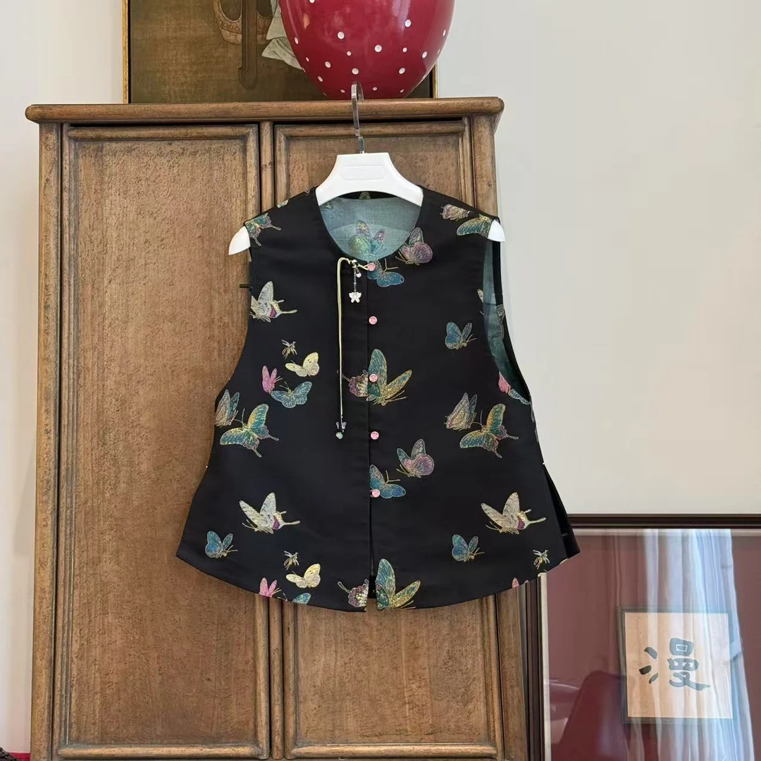 MYL 2025夏上久楷五重纬彩黑金晴春蝶戏桑蚕丝双面穿马甲中式马夹