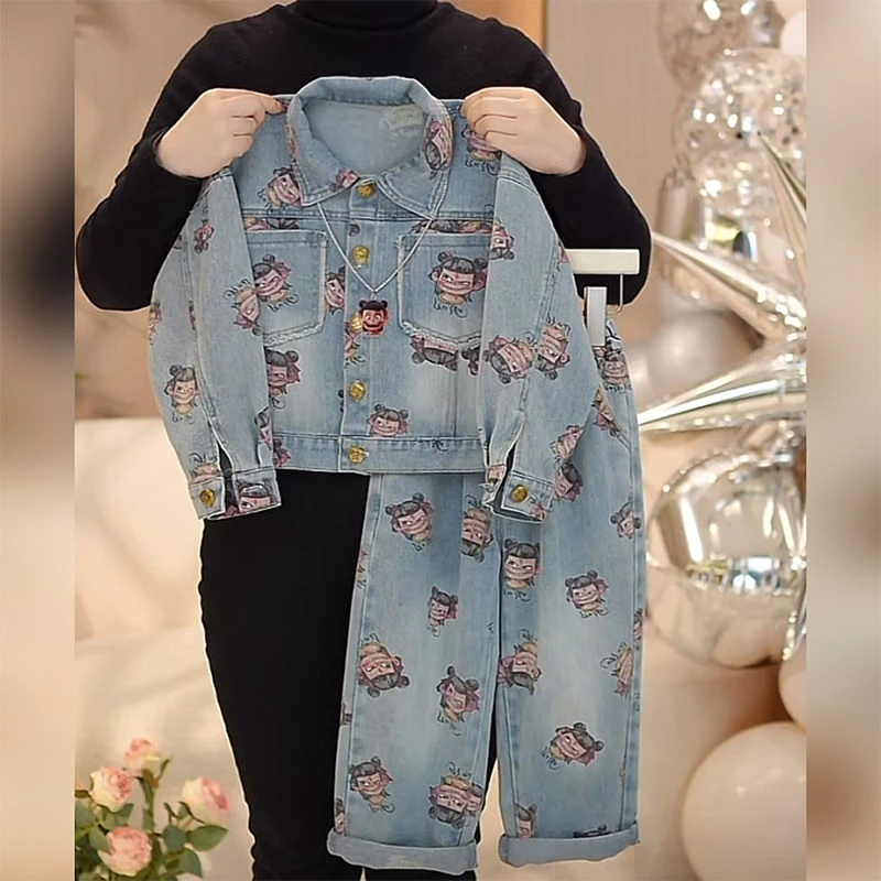 哪吒儿童服装男女童牛仔套装春秋款2025新款中国风衣服卡通两件套