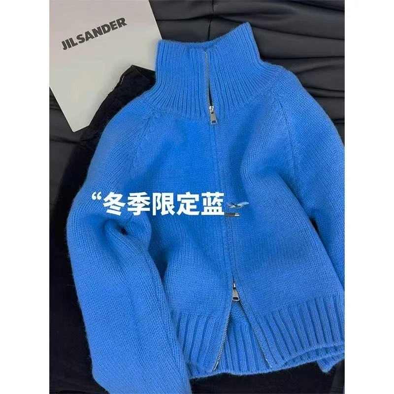 克莱因蓝双拉链毛衣女秋冬韩系穿搭高级感慵懒风软糯针织开衫外套