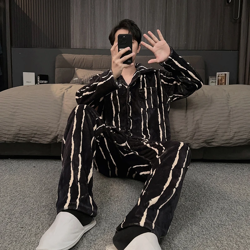 高级感条纹男士睡衣冬季法兰绒加厚加绒保暖法兰绒家居服休闲套装