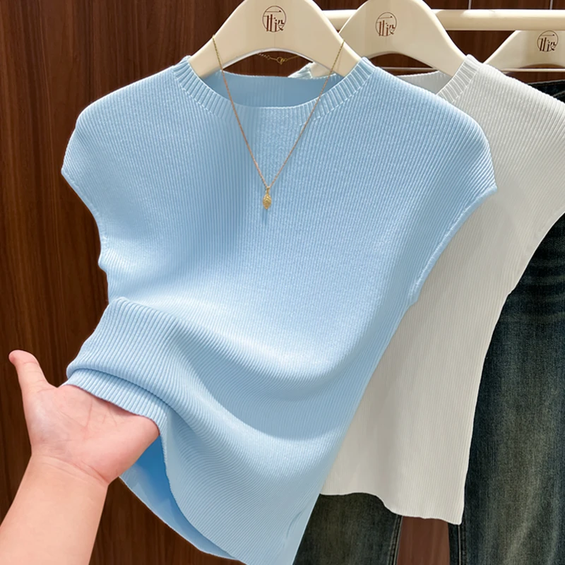 蓝色小圆领修身飞飞袖上衣夏季新款正肩针织短款打底衫薄款小衫女