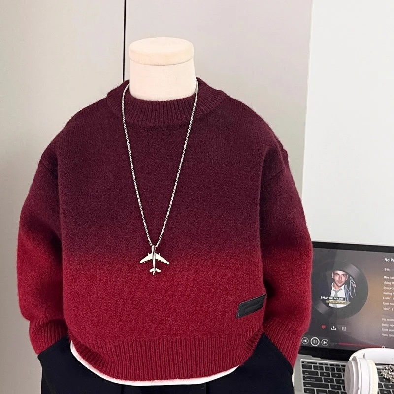 儿童毛衣男大童上衣秋冬新款男宝痞帅风渐变洋气针织衫红色打底衫