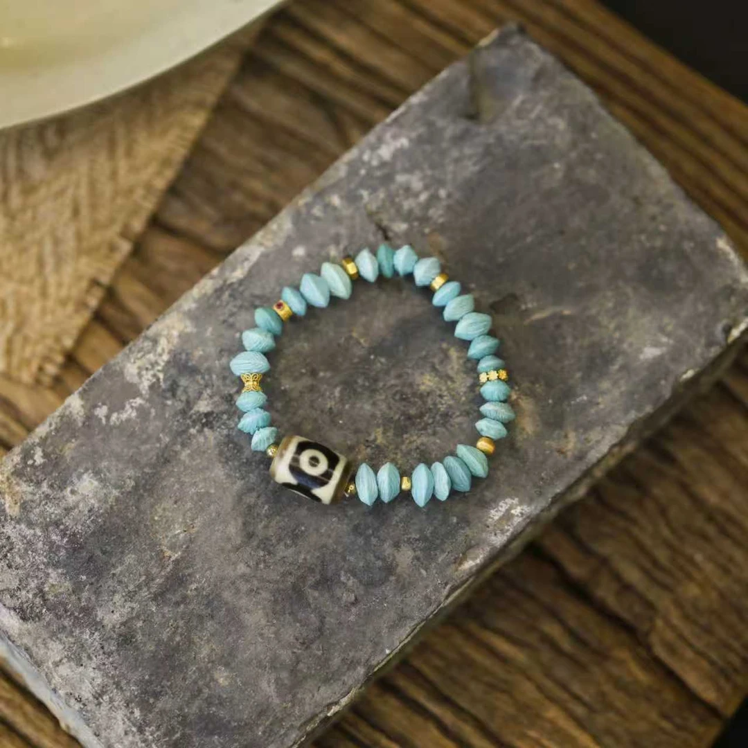 麦麦【洛初】天然绿松百香籽+天天+18K 手串 三眼 凤九 多样性发一