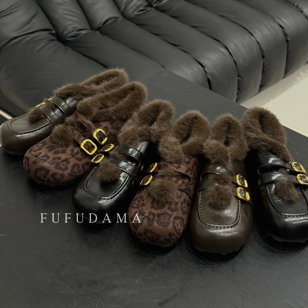 【胖福福大码女鞋】皮带扣加绒外穿女一脚蹬百搭棉毛毛鞋