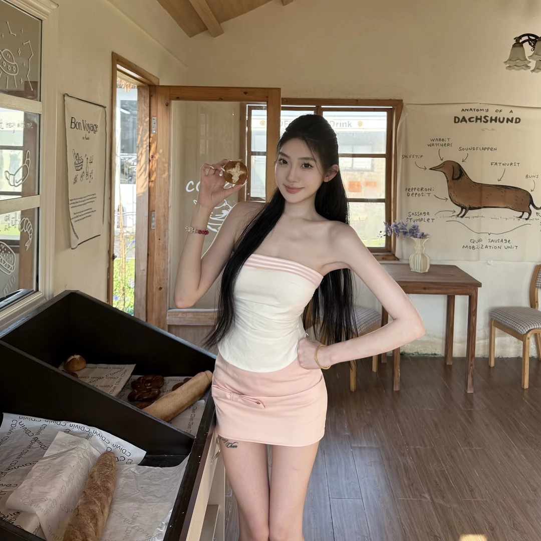 【白桃甜心】新款纯欲温柔风辣妹收腰抹胸立体蝴蝶结女款套装