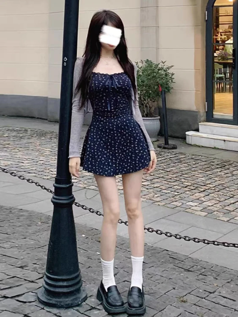 韩国 早秋穿搭一整套女装韩版碎花女夏秋显瘦吊带套装