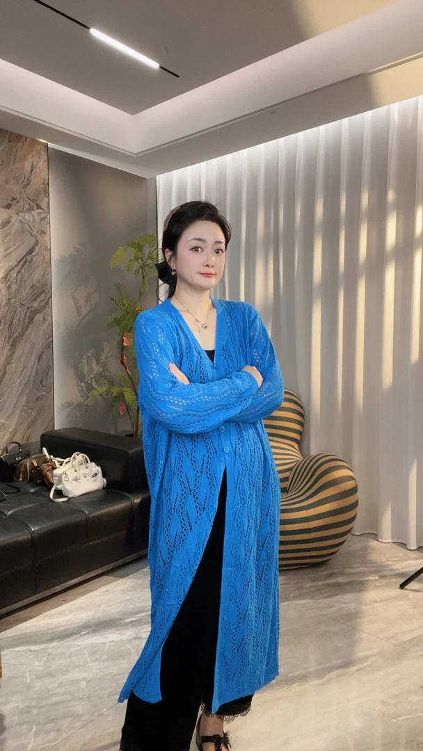 【冲姐】镂空针织上衣时尚设计长款开衫防晒外搭开衫薄款6856