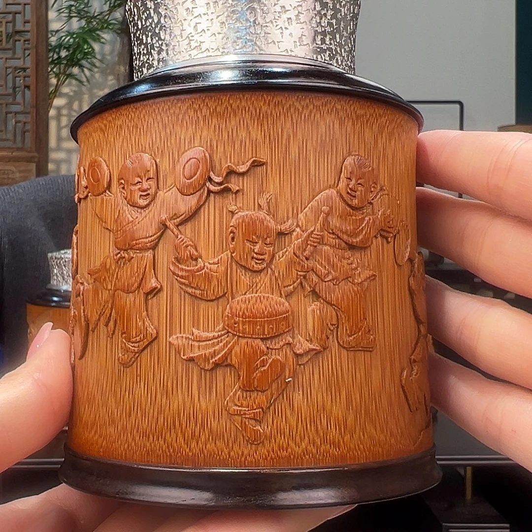竹竹雕五子闹春茶叶罐