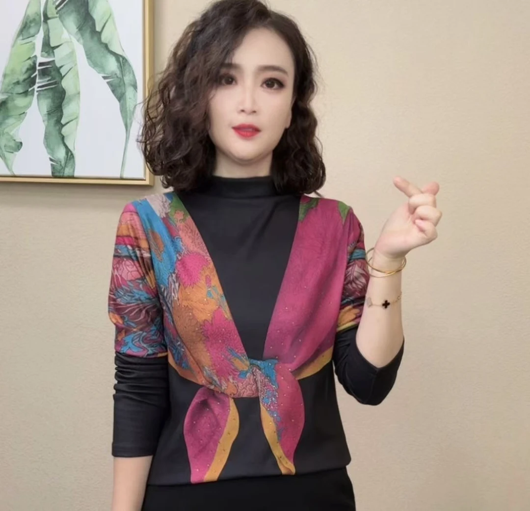 2025秋季女士拼色印花半高领洋气显瘦气质长袖修身打底衫#162