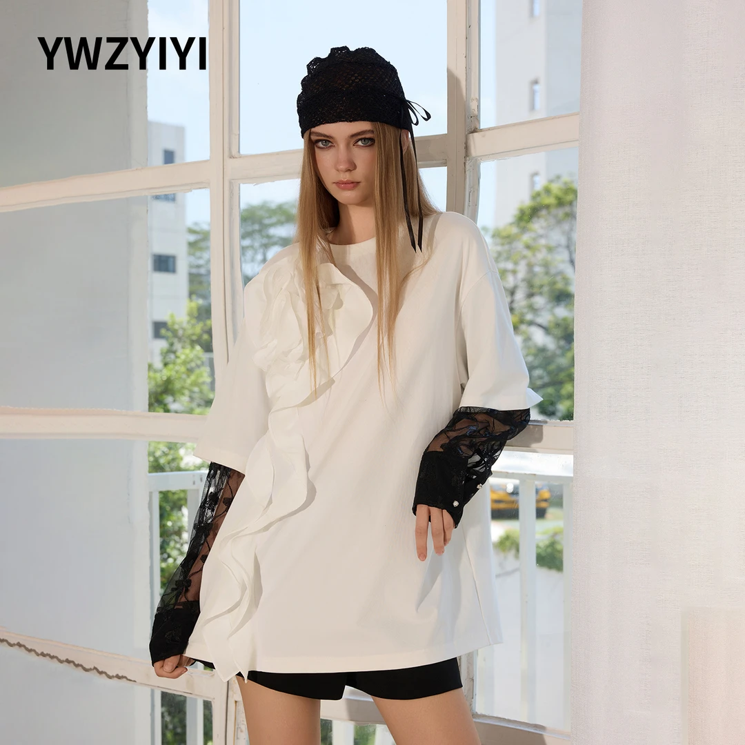 颜外之衣黑白撞色拼接假两件荷叶边长袖T恤女立体装饰YLWWA1N605