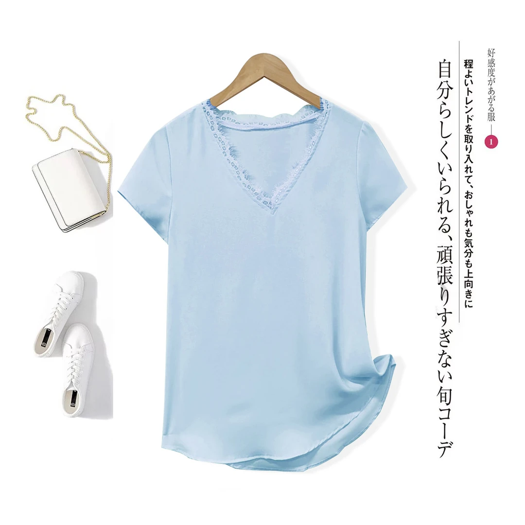 线下订单！夏季温柔舒适V领蕾丝领口百搭短袖上衣ZJ534