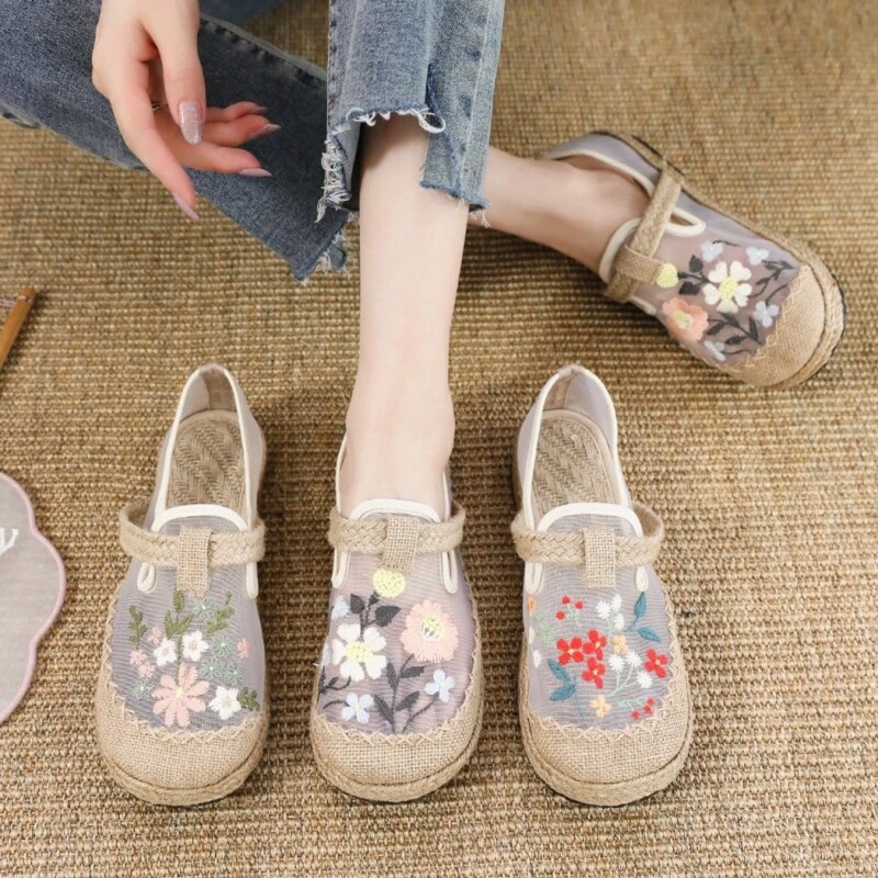 2024春季平底新款布鞋网纱仙气飘飘透气手工绣花鞋软底老北京布鞋