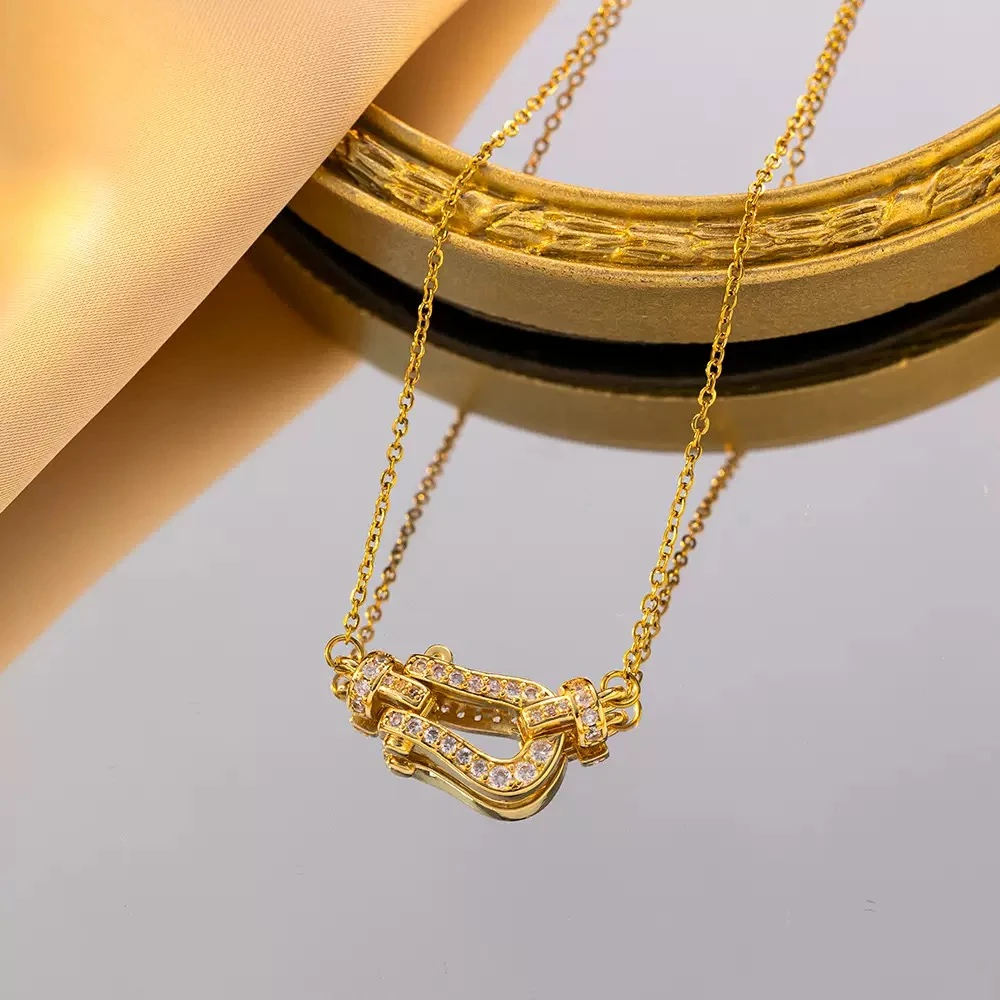 钛钢项链 璀璨姐妹钛钢满钻马蹄扣项链YX006