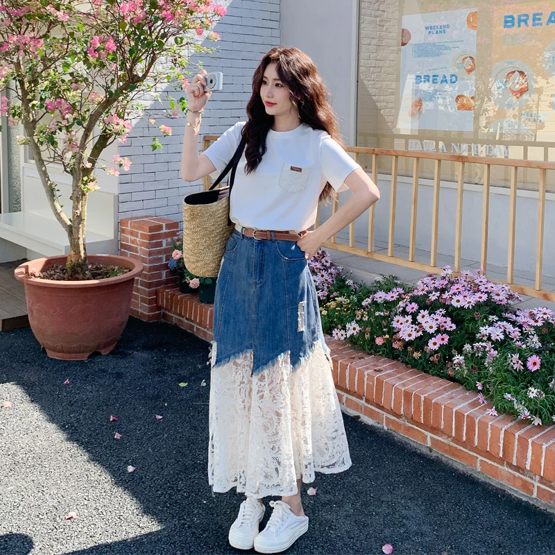 松弛感穿搭套装裙夏季女2025新款遮肉显瘦T恤牛仔蕾丝拼接半身裙