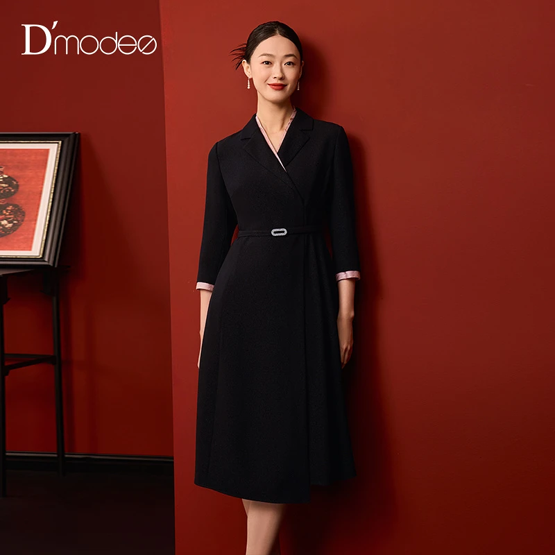 黛玛诗三醋酸连衣裙女2025秋新款设计感通勤收腰裙子（附腰带）