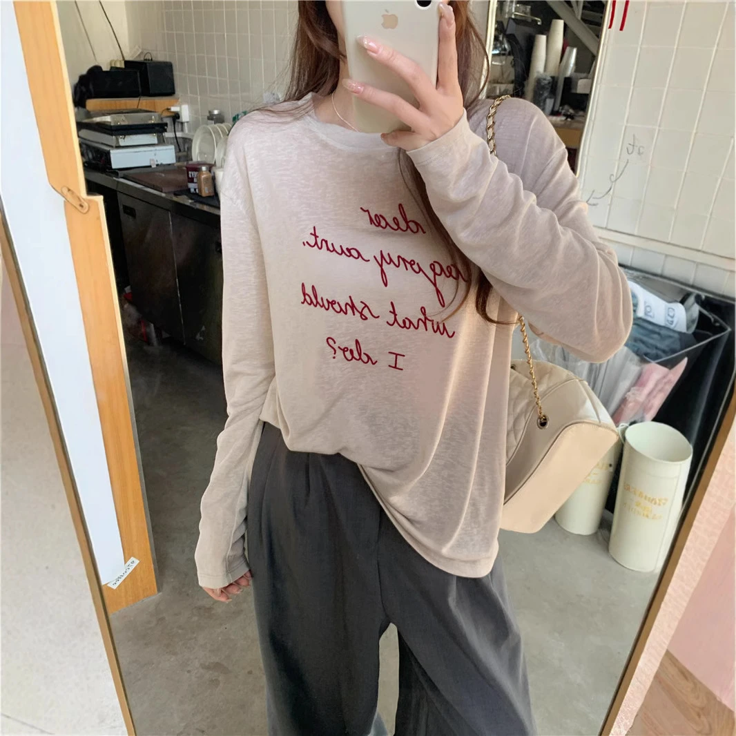 【天丝莱赛尔】字母ins长袖女装白色t恤女春季新款老钱风潮流休闲服