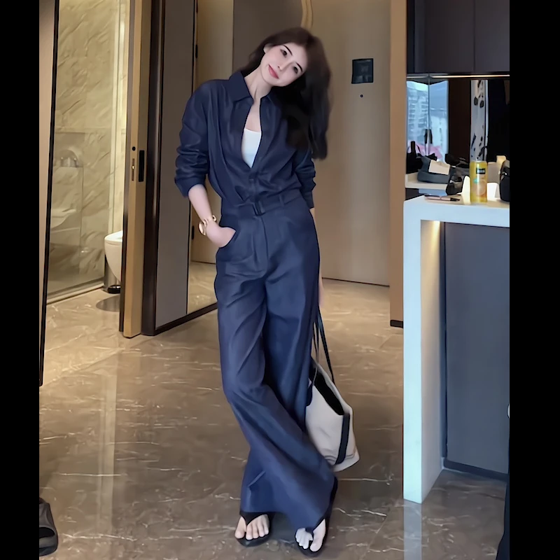 欧货蓝色时尚流行轻奢套装春季新款薄款显瘦宽松上衣两件套女装