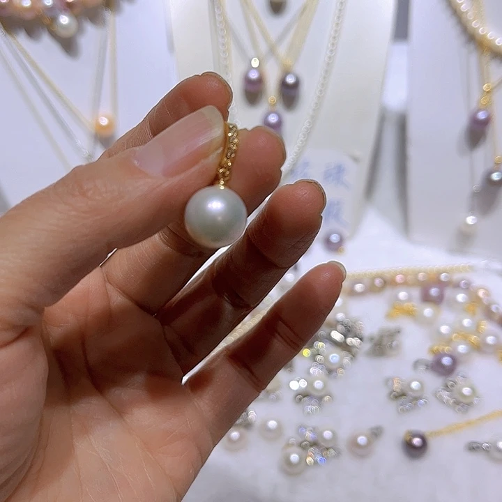 淡水珍珠白珠金色万能扣银S925镶嵌