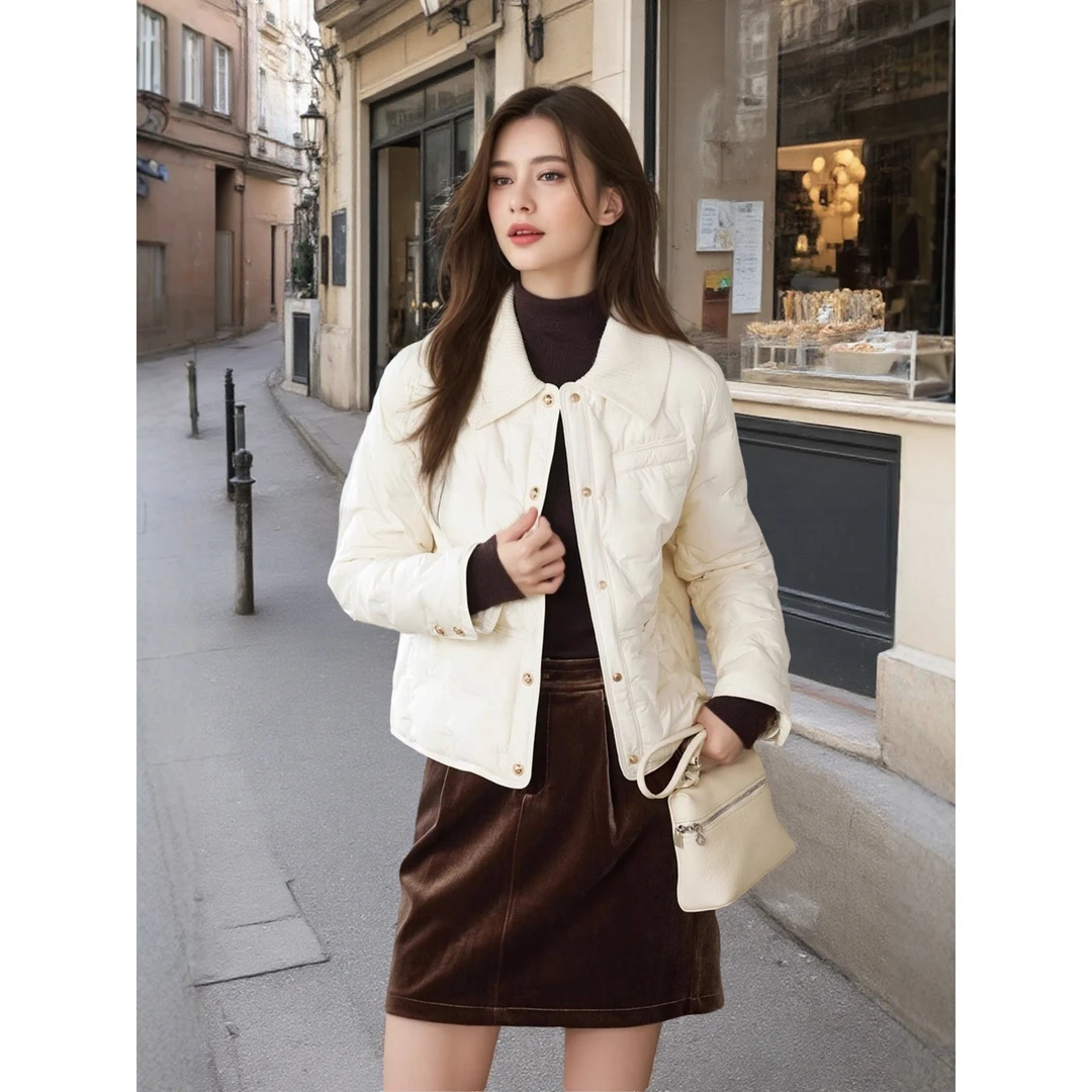 90白鸭绒小香风羽绒服女短款轻薄2025新款金扣时尚拼接针织秋冬季