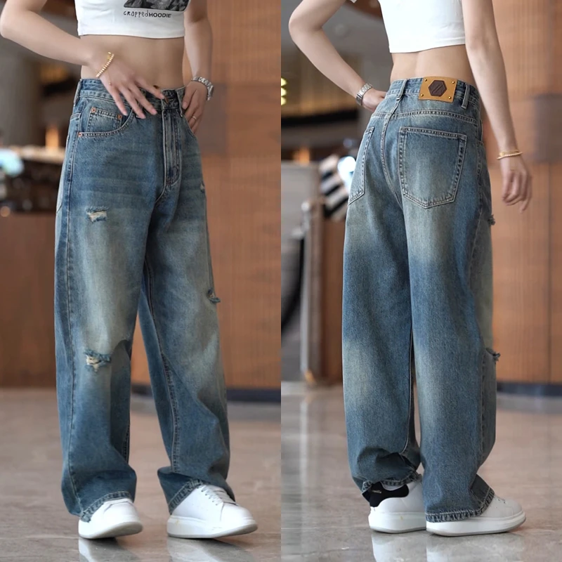 美式破洞牛仔裤男款高街百搭宽松阔腿裤男装时尚个性痞帅休闲长裤