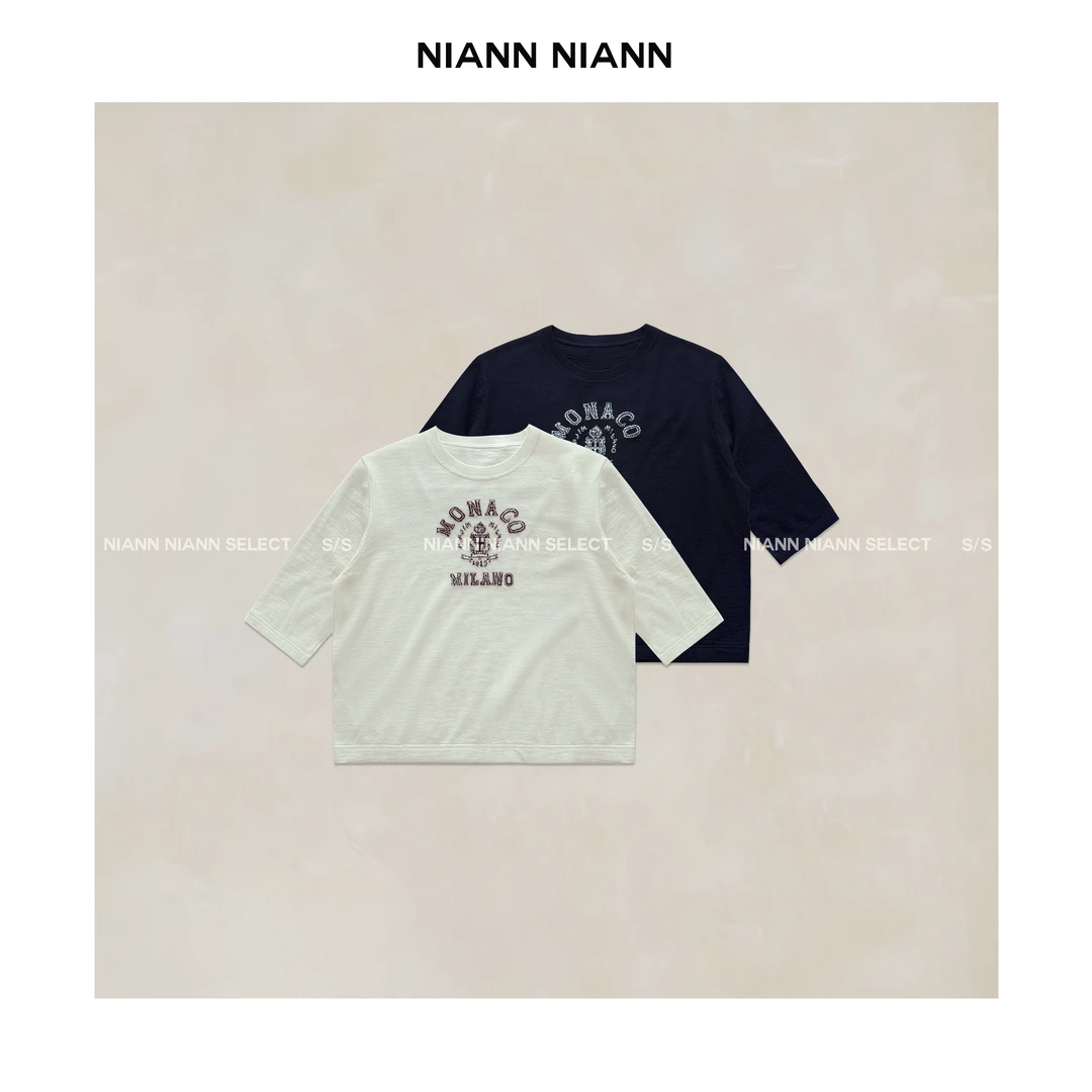 NiannNiann 新品女装复古平纹提花超细羊毛字母中袖15255