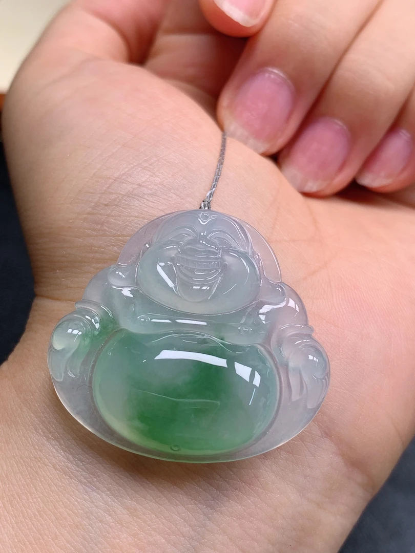 天然缅甸翡翠A货冰飘花佛公气质精美尺寸34.7+31.8+6.3