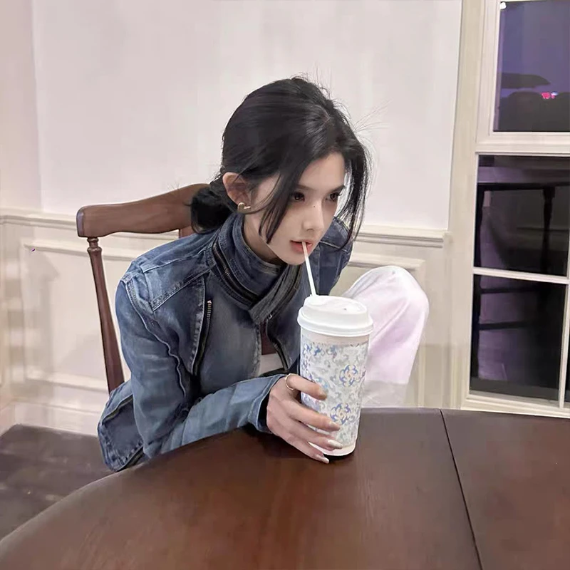 牛仔外套短款显瘦修身弹力韩版机车长袖BF潮复古牛仔衣裤子两件套