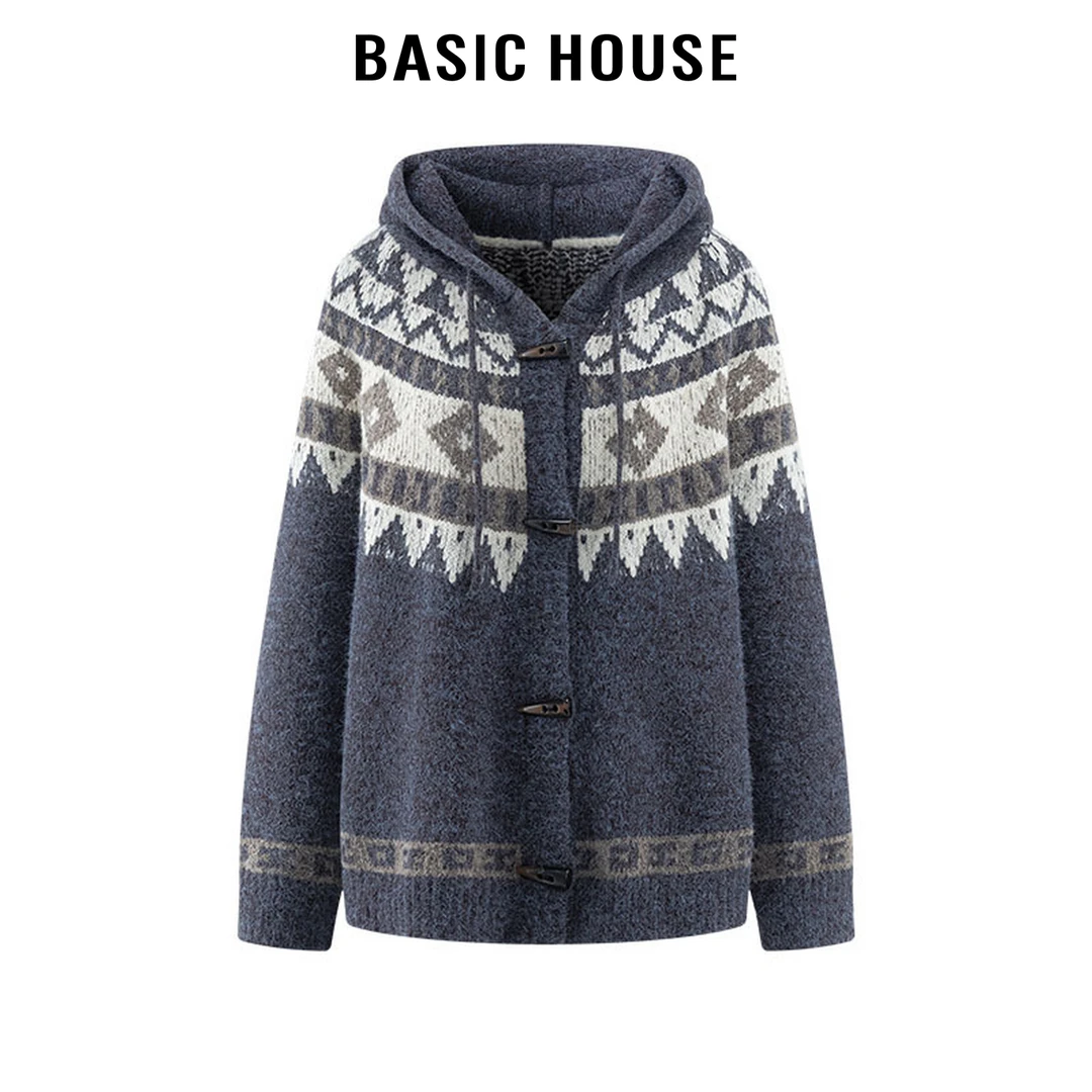 百家好/Basic House连帽抽绳菱形针织开衫女复古慵懒风毛衣外套秋