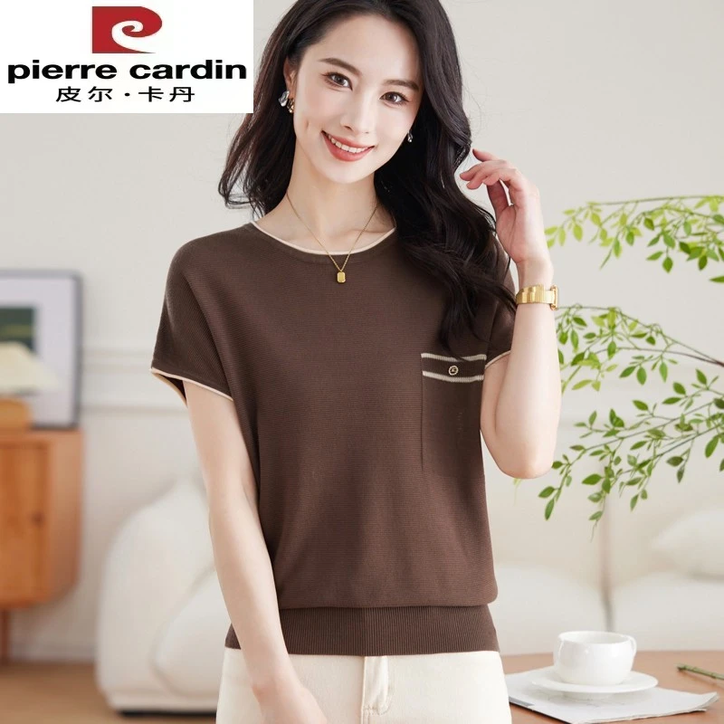 皮尔卡丹休闲短袖T恤女夏季中年妈妈宽松冰丝针织衫薄款桑蚕丝上