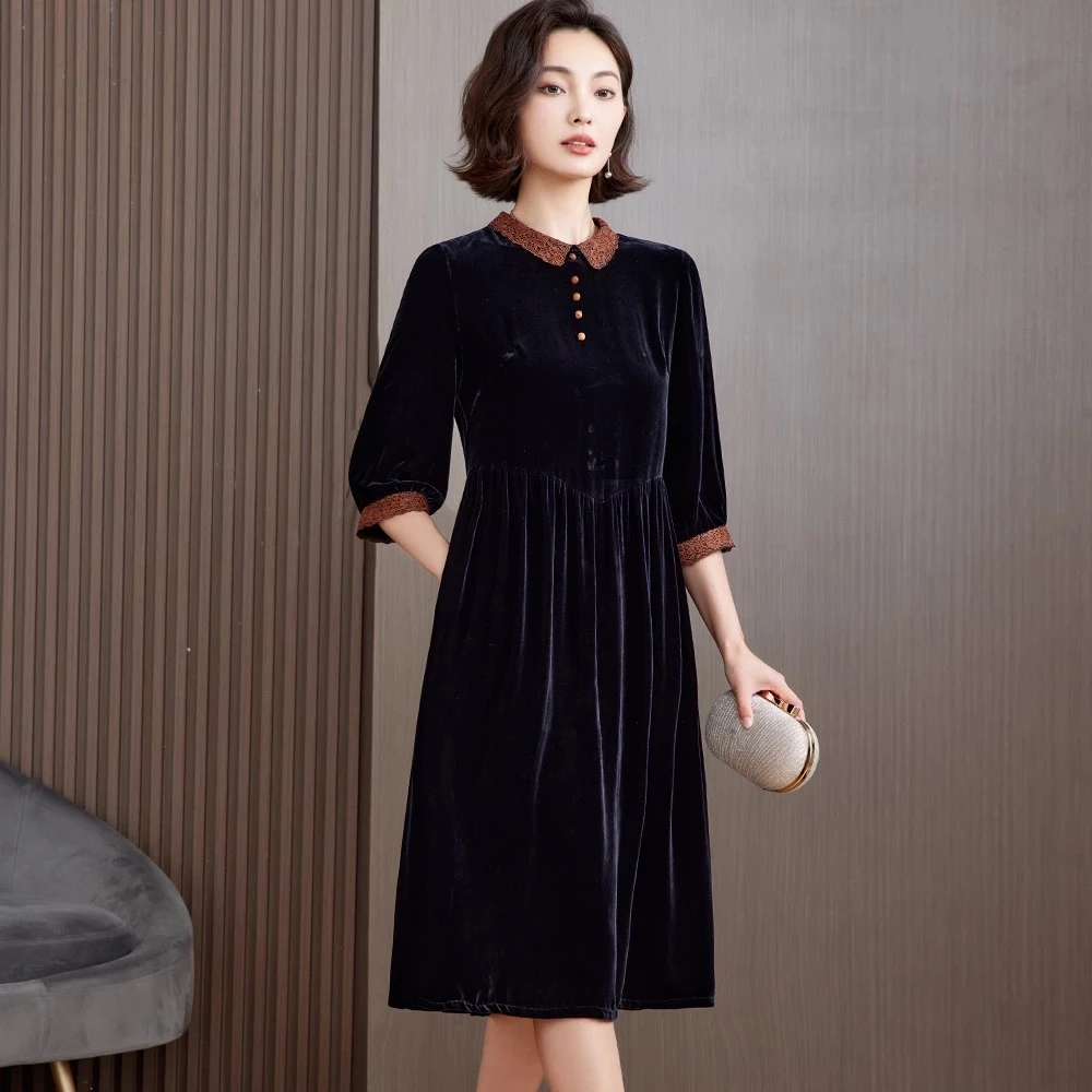 桑蚕丝绒连衣裙春季2025新款高贵奢华洋气裙子大码高级气质妈妈裙