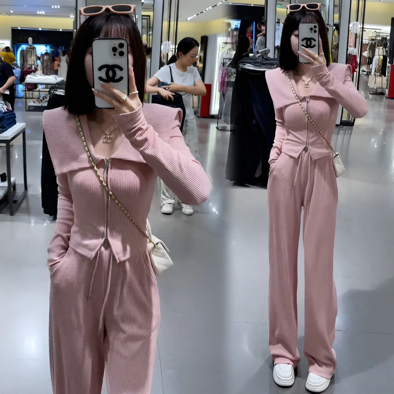 休闲时尚运动服套装女2026春秋新款翻领修身收腰卫衣阔腿裤两件套