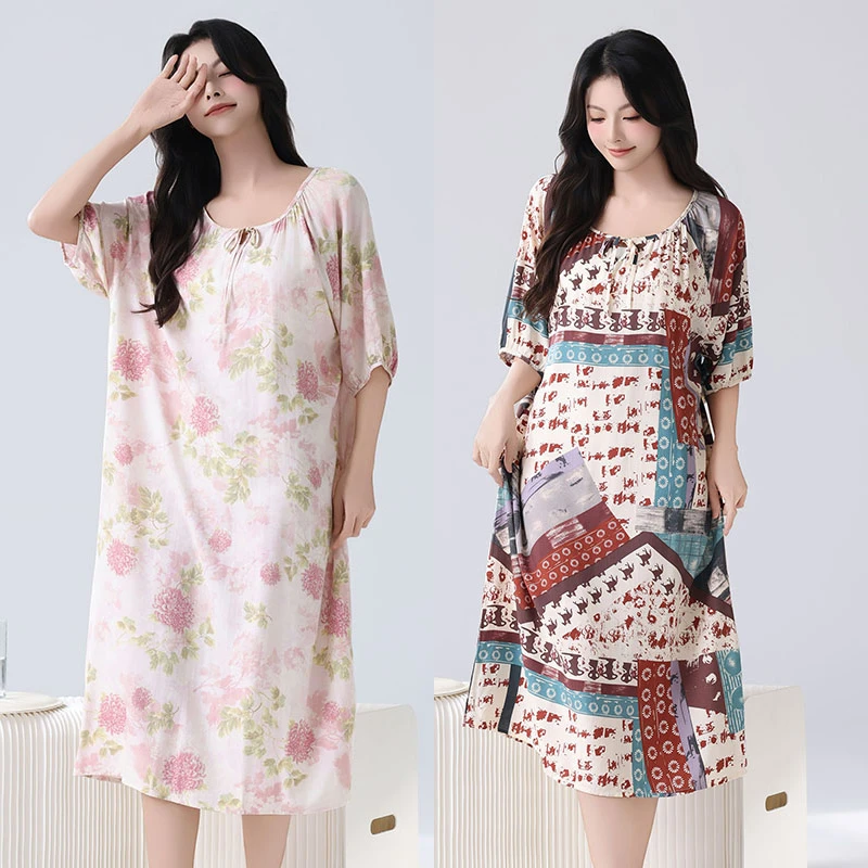 棉绸睡裙女凉感夏季薄款绵绸睡衣清冷国风新中式可外穿绵绸家居裙