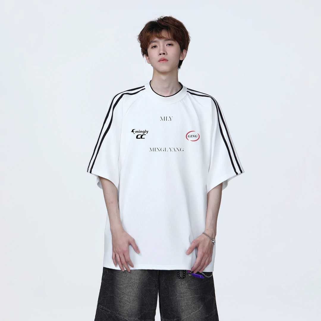 MLY夏季青春活力印花短袖320克重磅T恤时尚休闲男子假两件三条杠