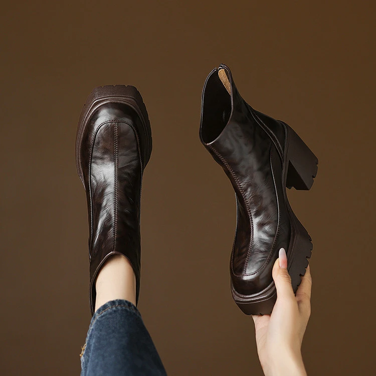 牛皮~8cm秋冬新款粗跟真皮短靴复古棕色厚底高跟英伦风短筒瘦瘦靴